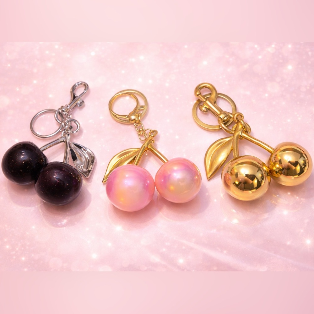 Cherry Keychain Charms Large in Shimmery Black, Shimmery Pink and Shiny Gold 🍒